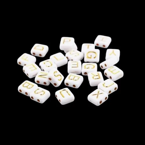 Acrylic Beads, Square, Alphabet, Letter, 2-Hole, White, Gold, Mixed, A-Z, 8mm