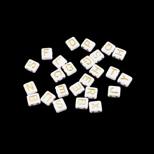 Acrylic Beads, Square, Alphabet, Letter, 2-Hole, White, Gold, Mixed, A-Z, 8mm