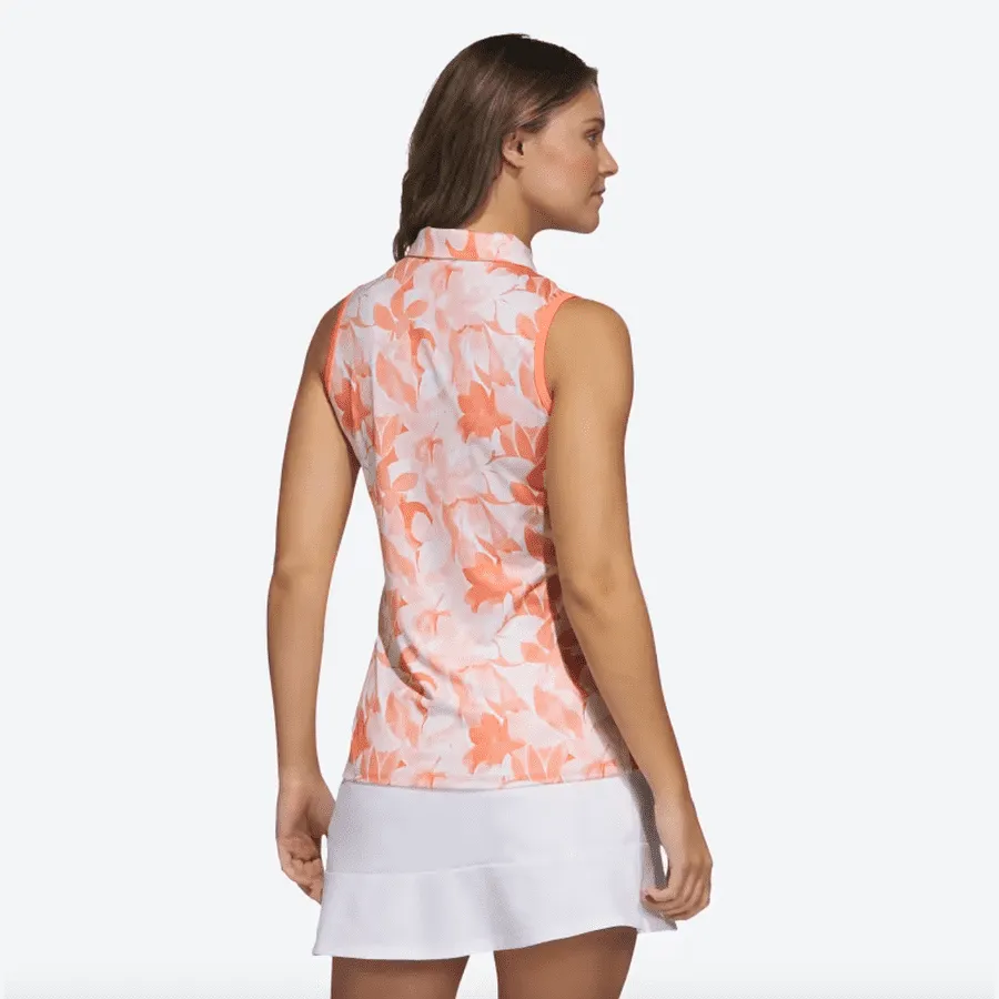 Adidas Ladies Floral Sleeveless Golf Polo Shirt - Orange