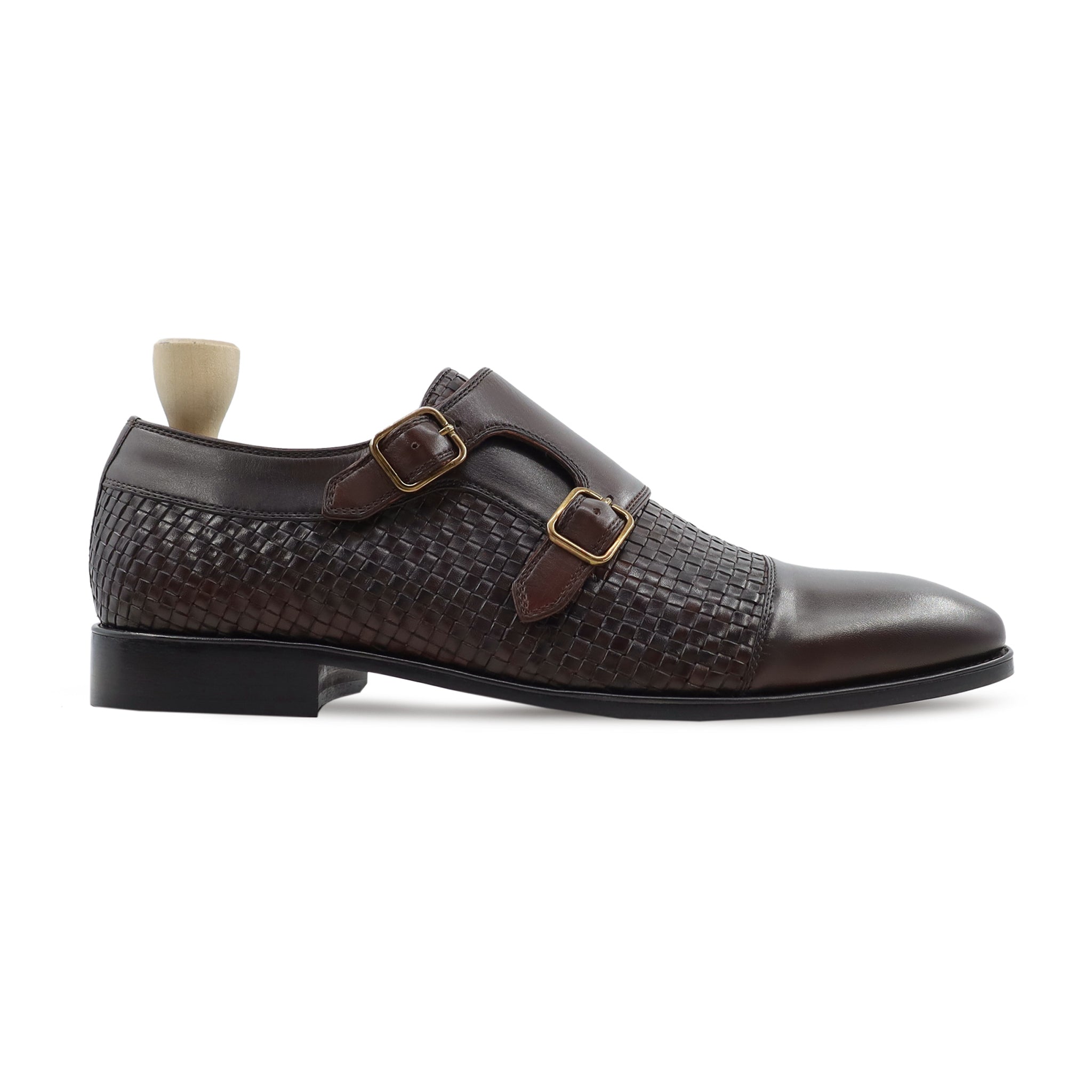 Alingsas - Men's Dark Brown Calf and Hand Woven Leather Double Monkstrap