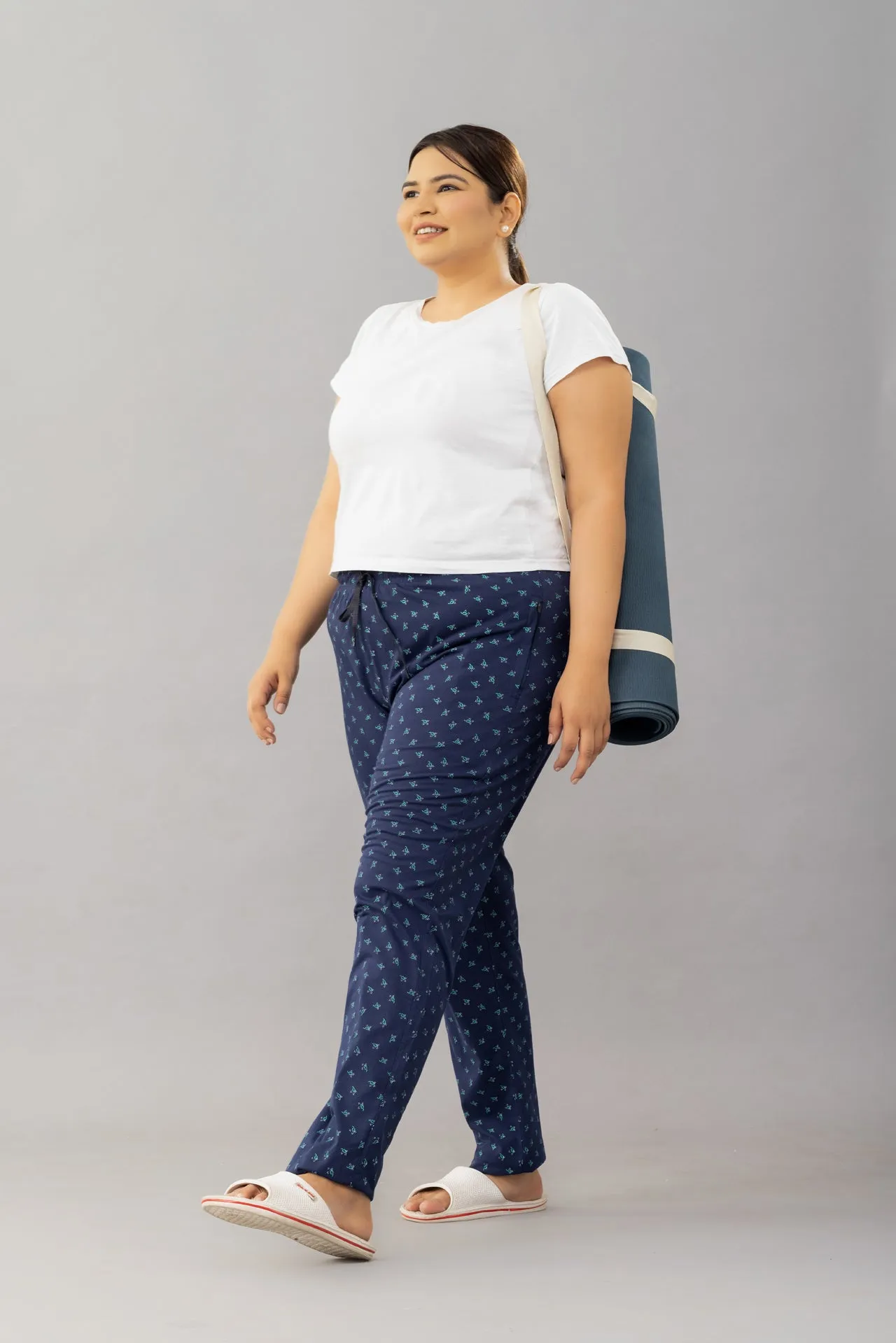 All Day Night Printed Cotton Pants For Women - Navy Blue