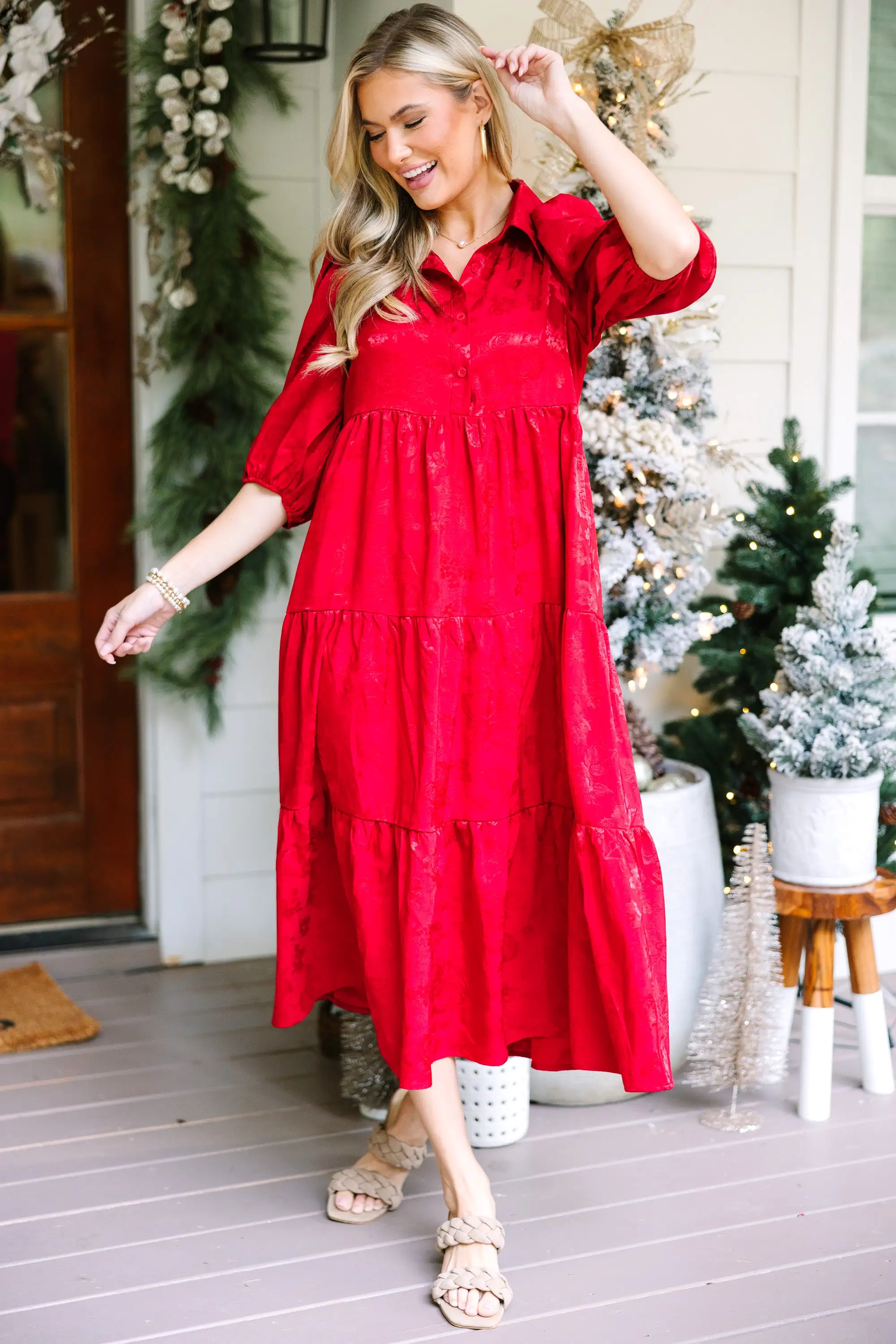 All The Love Dark Red Floral Satin Midi Dress