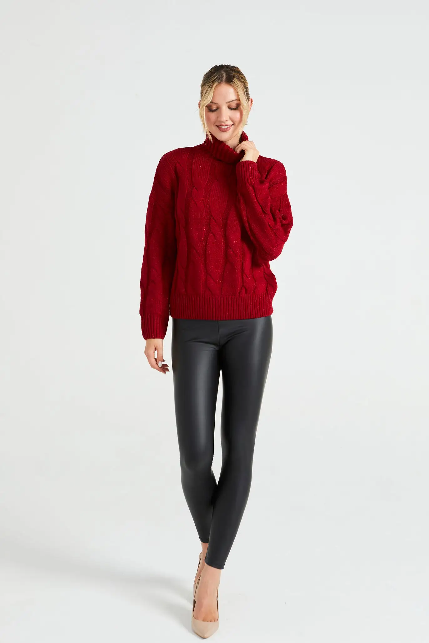 Angeleye High Neck Cable Knit Jumper With Lurex In Red