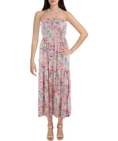 Aqua Womens Smocked Floral Midi Dress