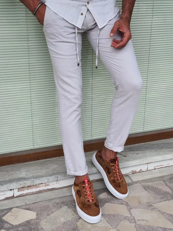 Beige Slim Fit Linen Pants for Men by GentWith.com | Worldwide Shipping