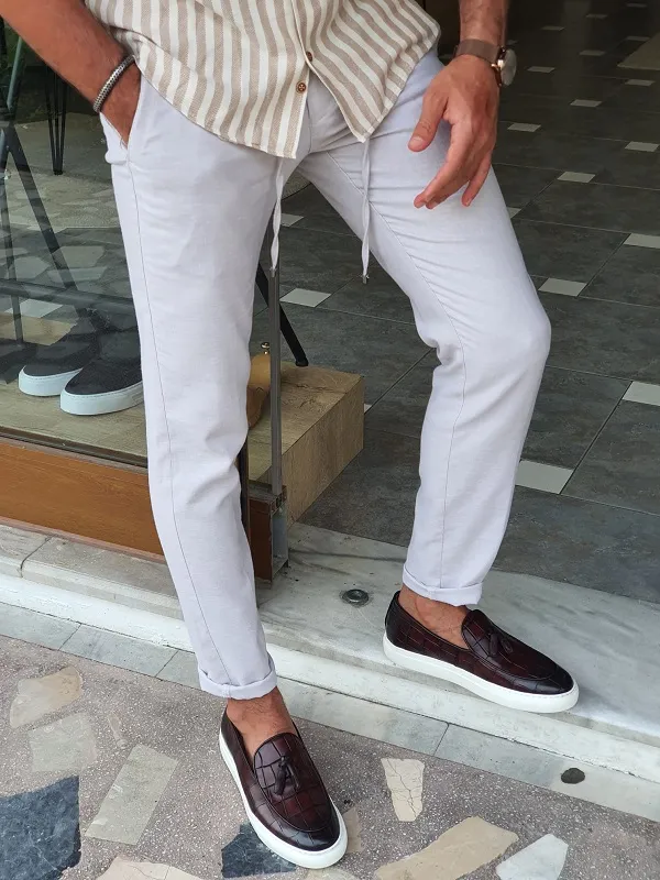 Beige Slim Fit Linen Pants for Men by GentWith.com | Worldwide Shipping