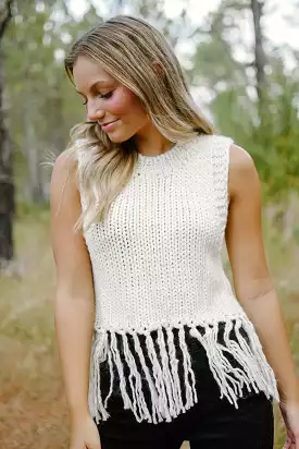 Beige Tassel Sleeveless Knit Top