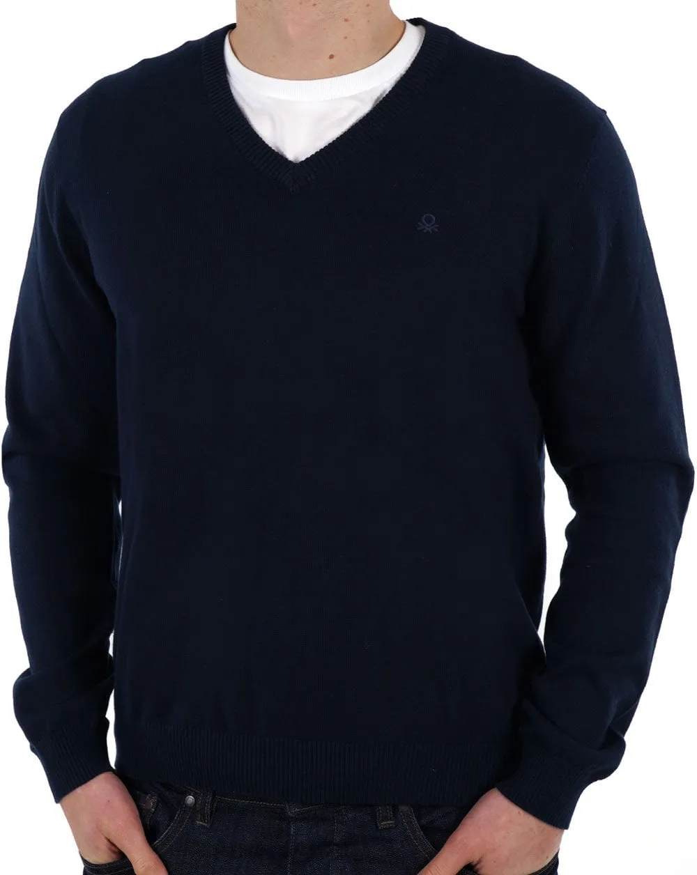 Benetton V Neck Knit Jumper Navy