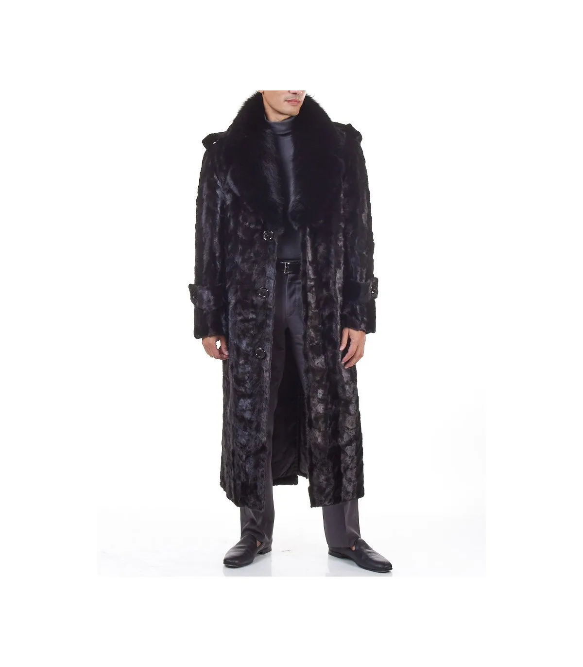 Black Mink Full Length Overcoat With Fox Fur Collar: FurSource.com