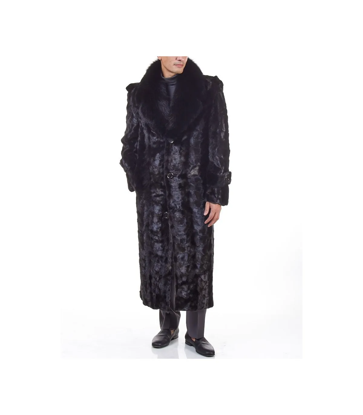 Black Mink Full Length Overcoat With Fox Fur Collar: FurSource.com