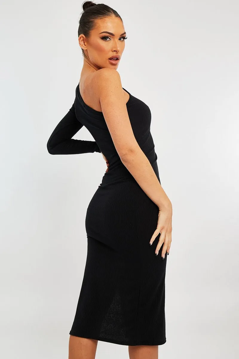 Black Ribbed One Sleeve Midi Dress - Diona