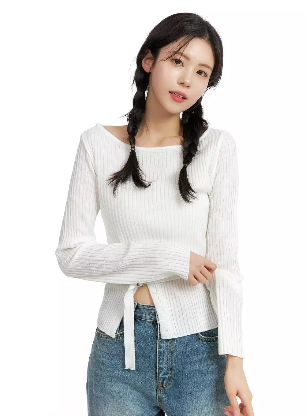 Boat Neck Buckle Knit Top OF414