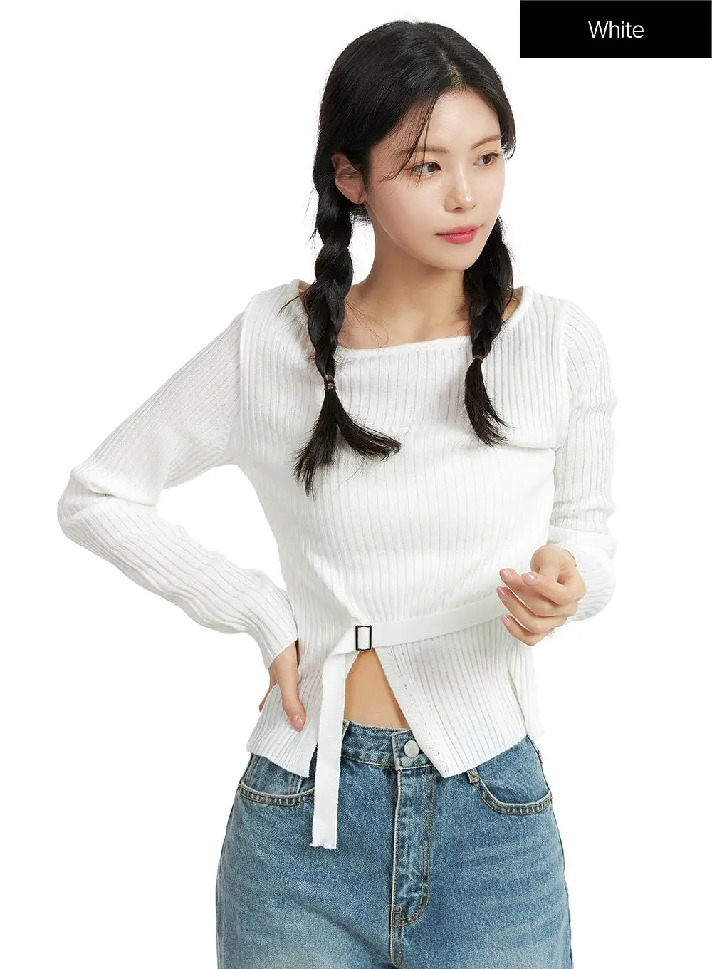 Boat Neck Buckle Knit Top OF414