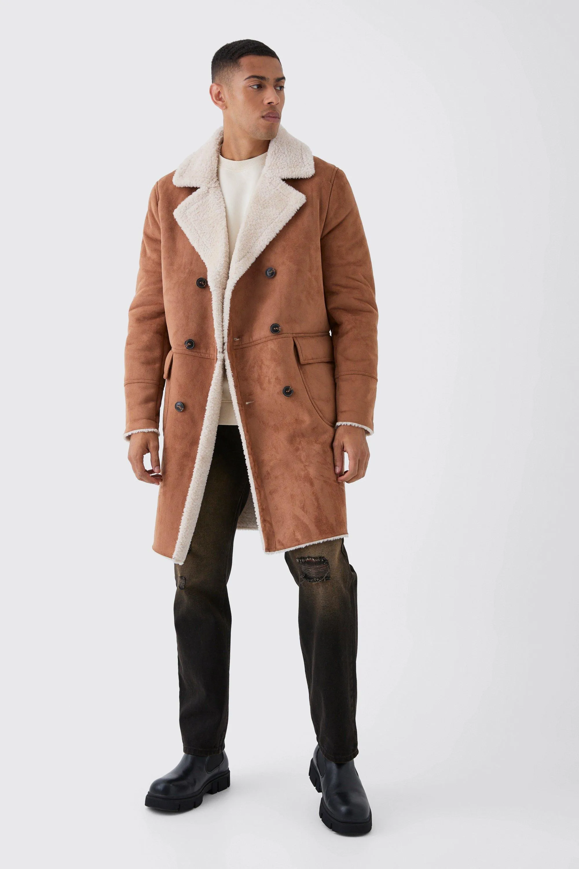 Borg Lined Double Breasted Overcoat in Tan | boohooMAN UK