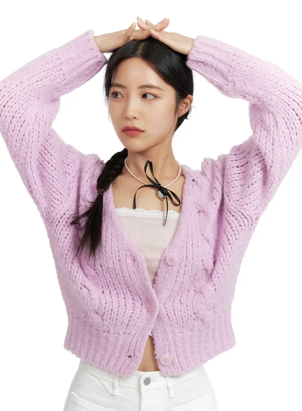 Cable Knit Solid Cardigan OF416