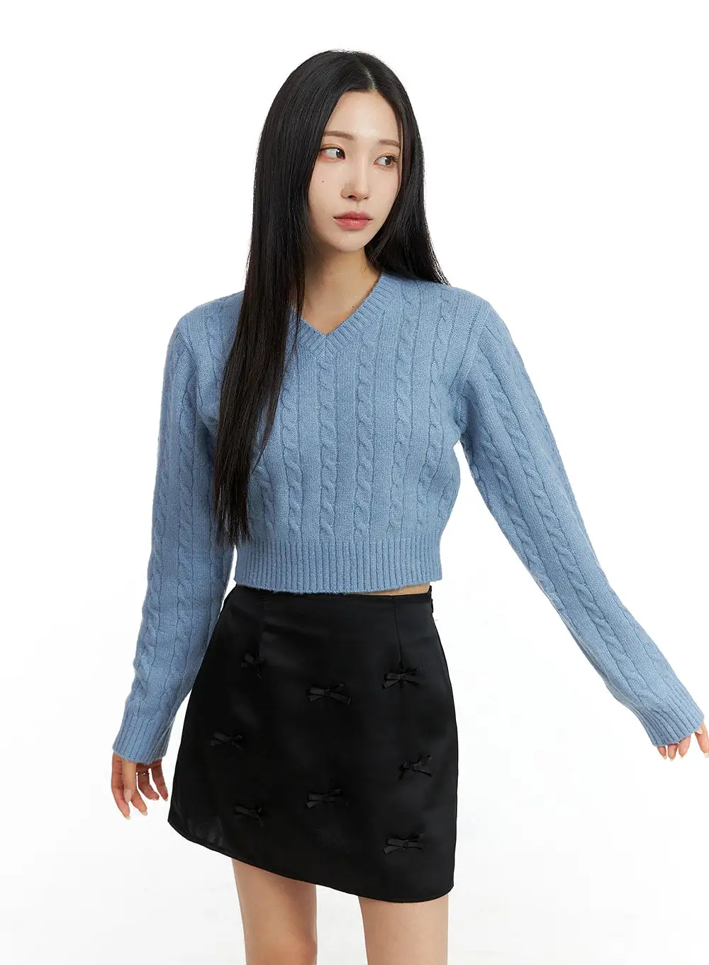 Cable Knit V-Neck Cropped Long Sleeve CF416