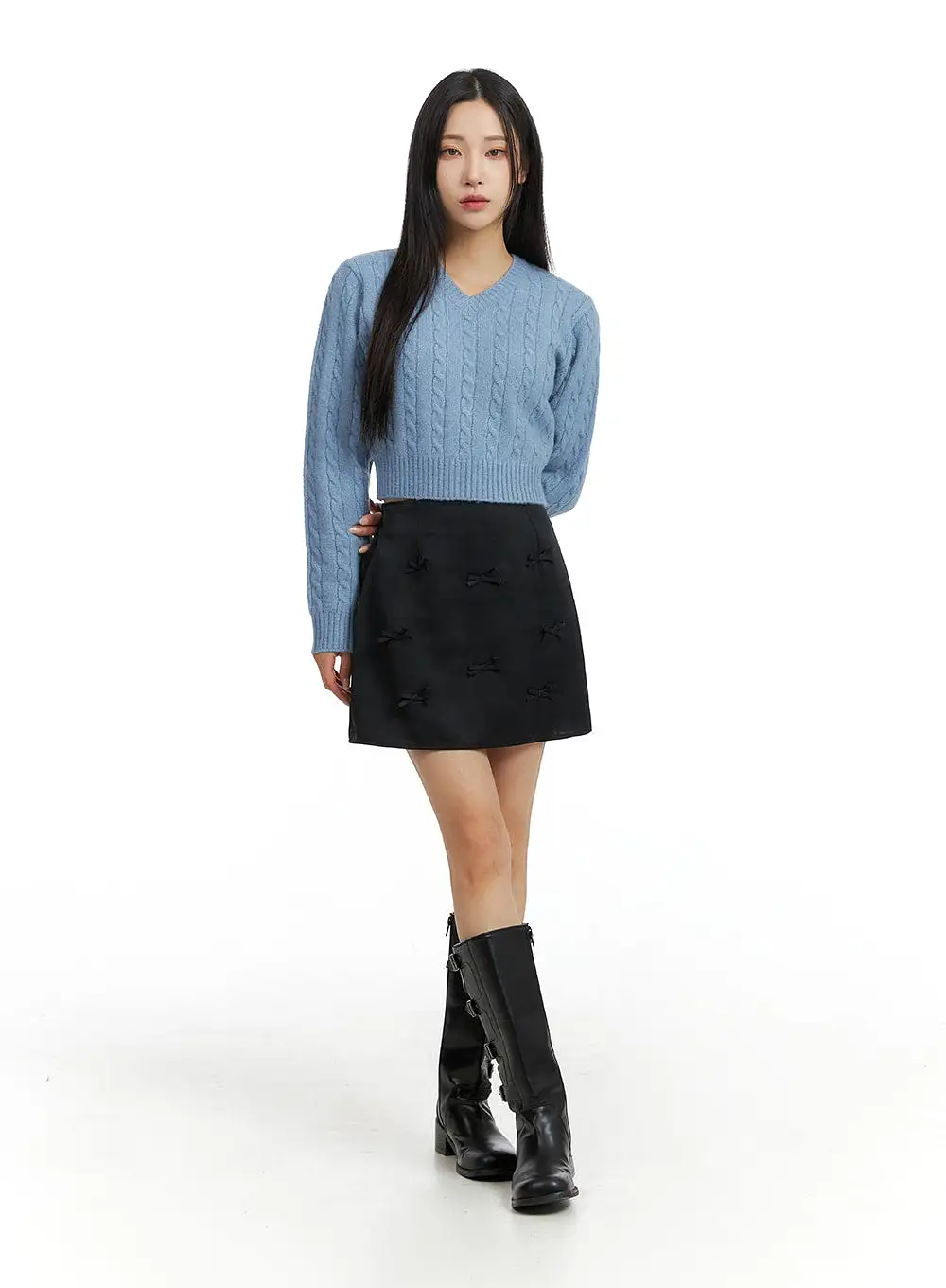 Cable Knit V-Neck Cropped Long Sleeve CF416