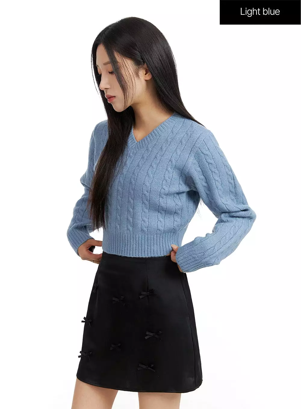 Cable Knit V-Neck Cropped Long Sleeve CF416