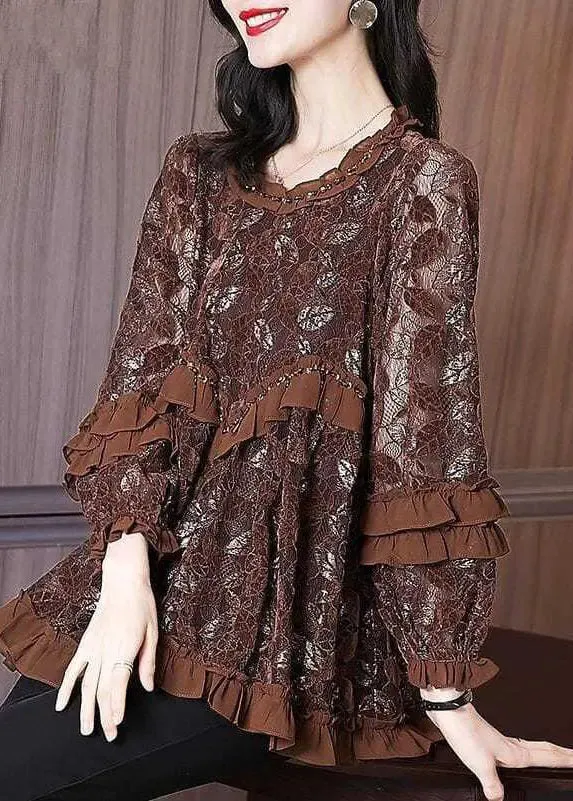 Chocolate Hollow Out Lace Blouse Tops Ruffled Spring HA1062