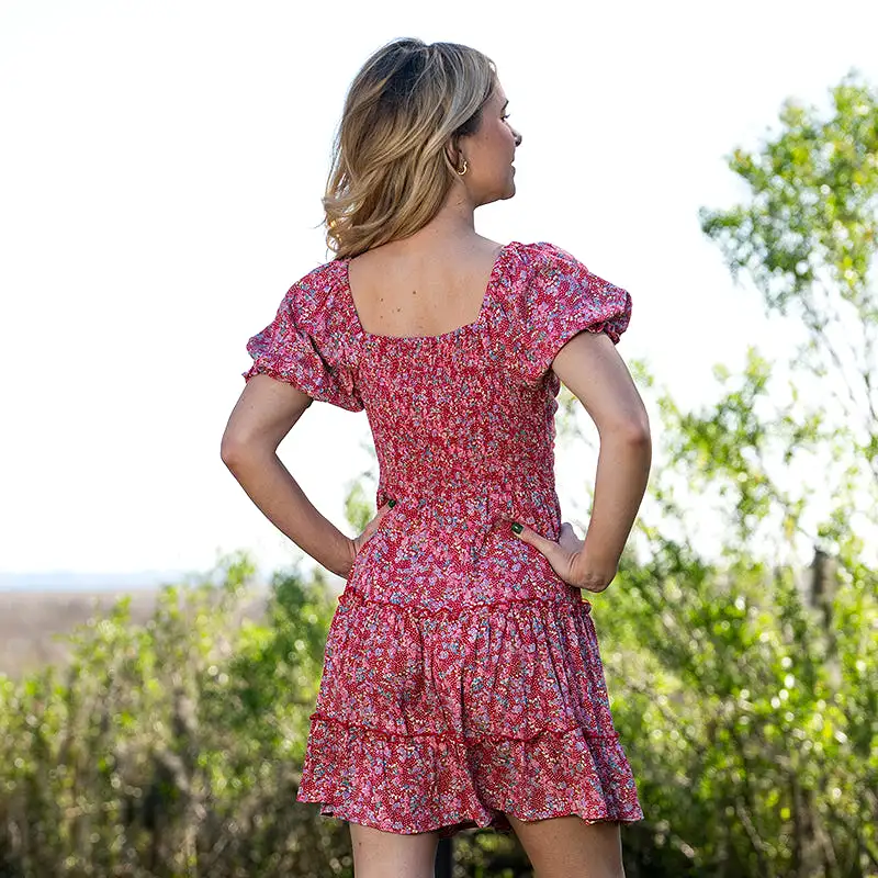 Cinched Sleeve Keyhole Red Multi Mini Dress