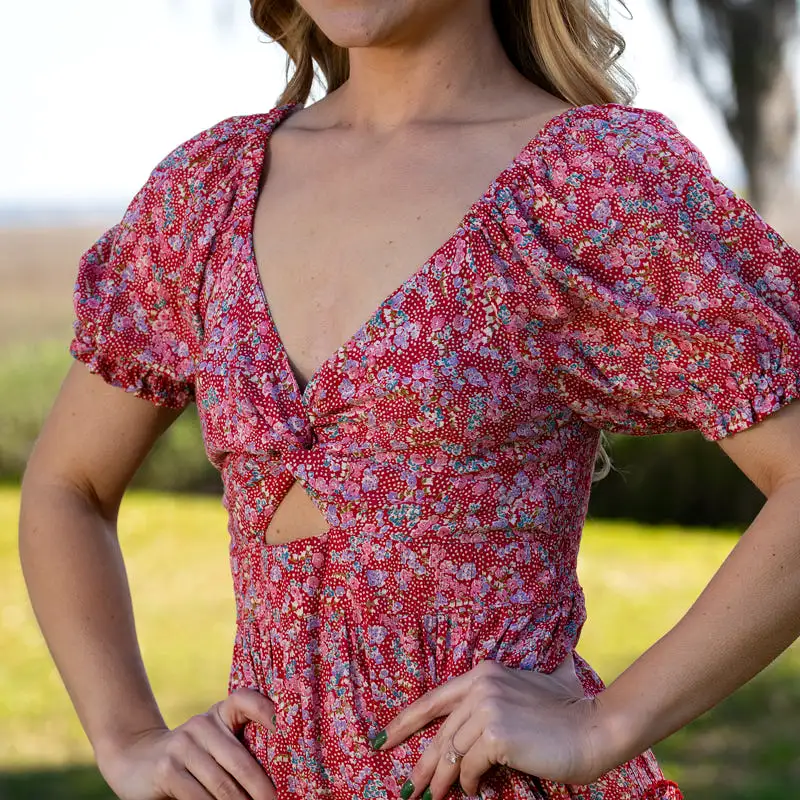 Cinched Sleeve Keyhole Red Multi Mini Dress