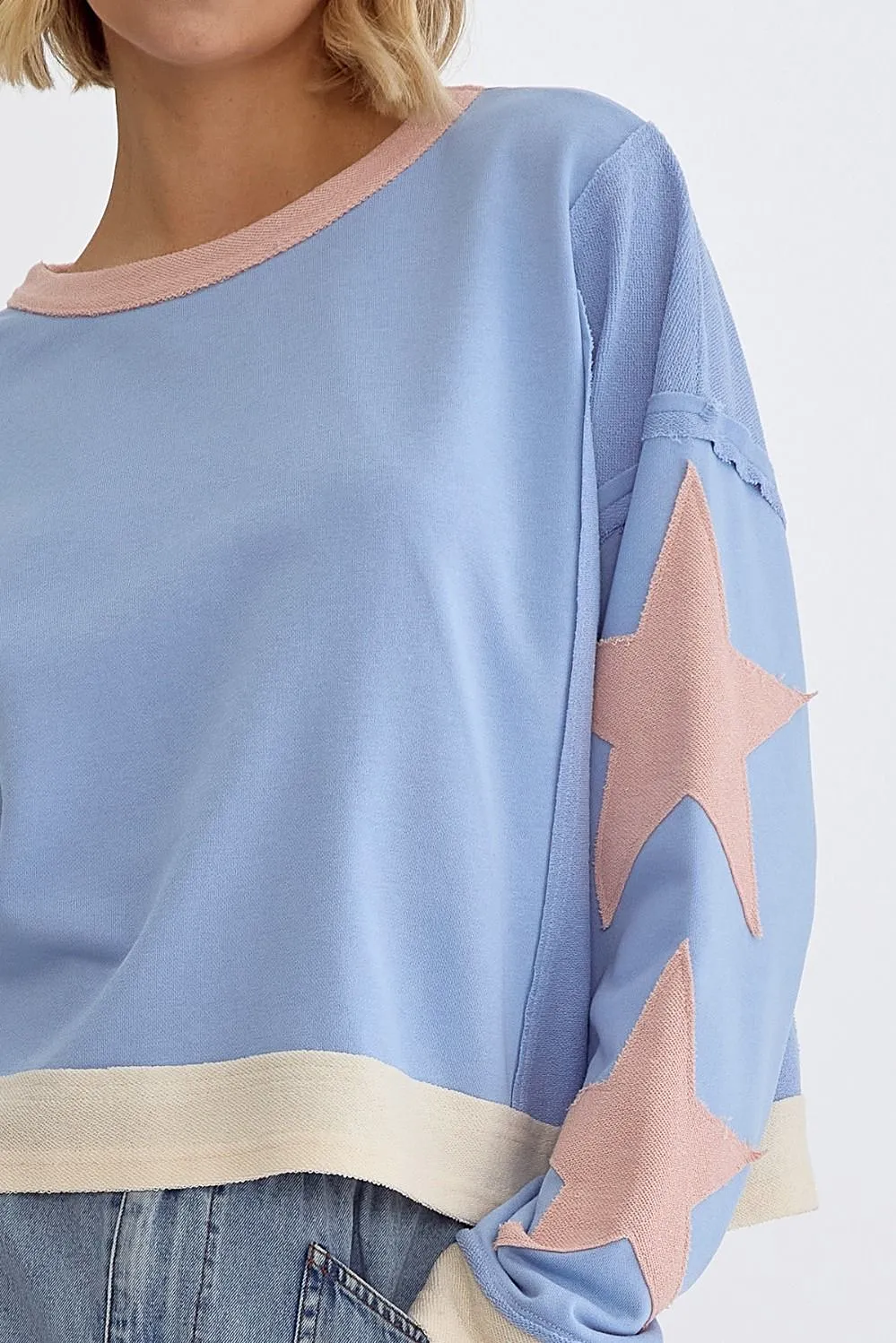 Cropped Round Neck Long Sleeve Star Patchwork Top