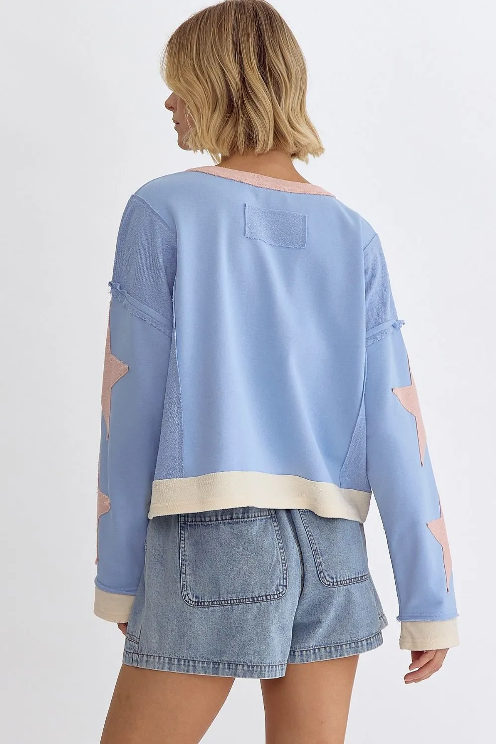 Cropped Round Neck Long Sleeve Star Patchwork Top