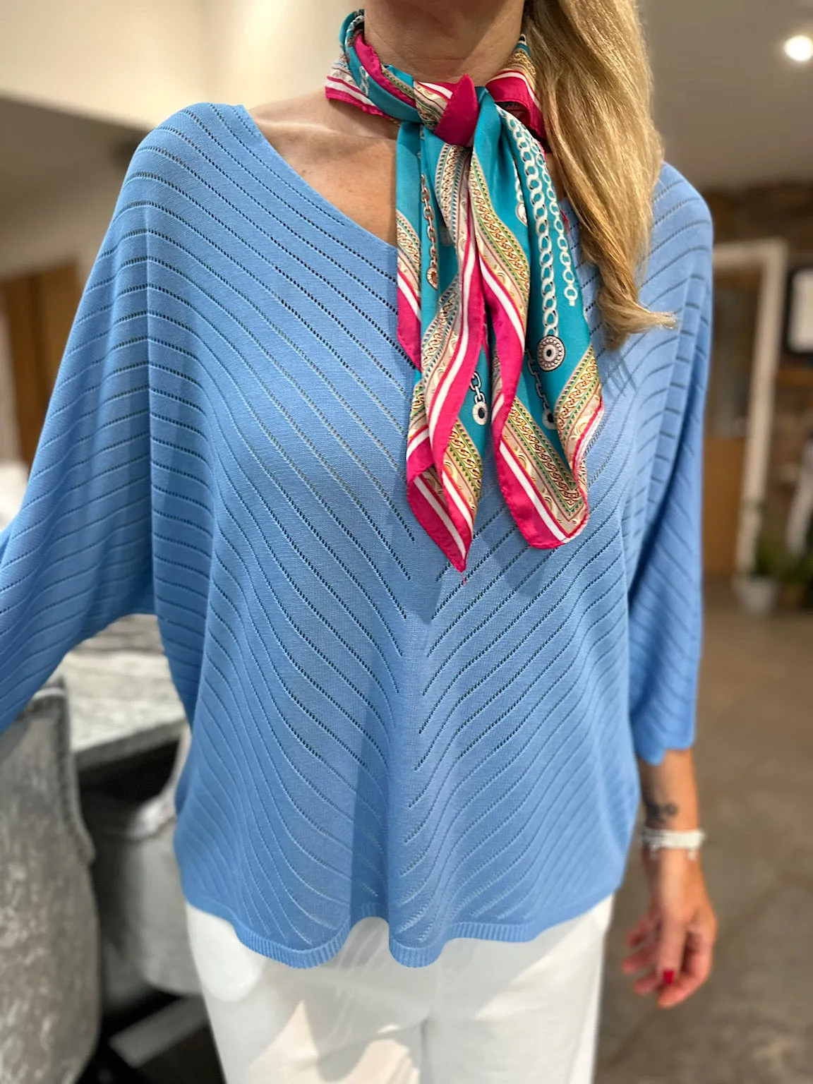 Denim Chevron V Neck Fine Knit Tilly