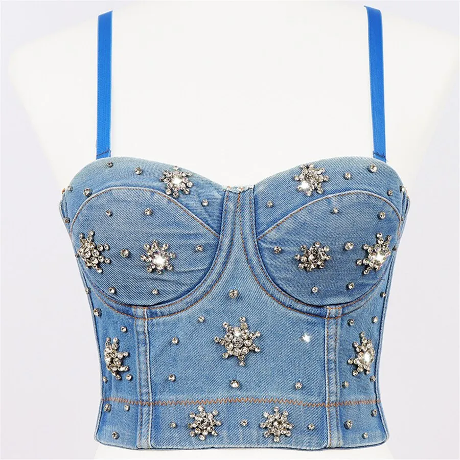 Denim Rhinestone Winter Crop Top Sexy Nightclub Party Women Harajuku Cami Top With Built In Bra Push Up Bralette