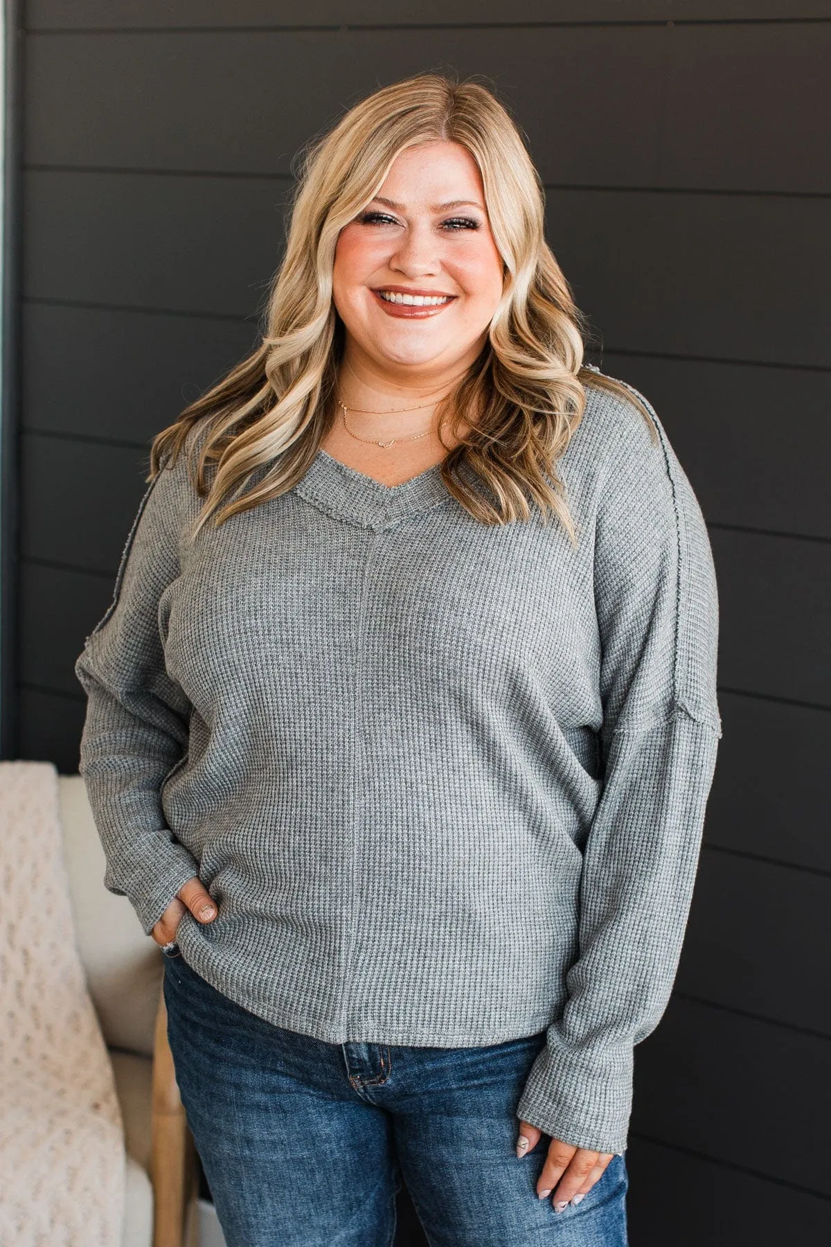 Effortlessly Happy V-Neck Knit Top- Grey