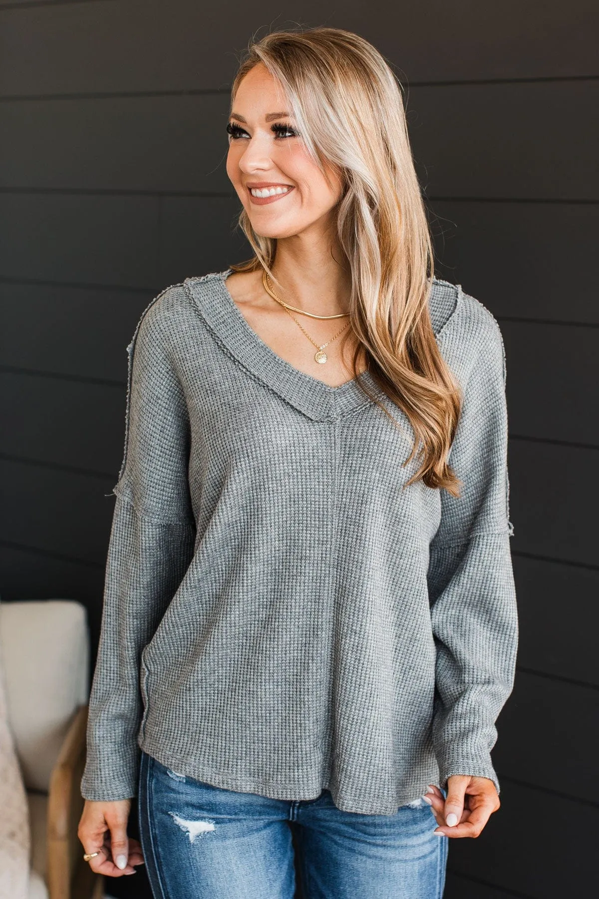 Effortlessly Happy V-Neck Knit Top- Grey