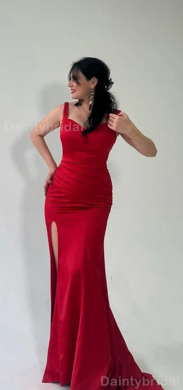 Elegant Mermaid Satin Red Side Slit Long Bridesmaid Dresses Online, BG766