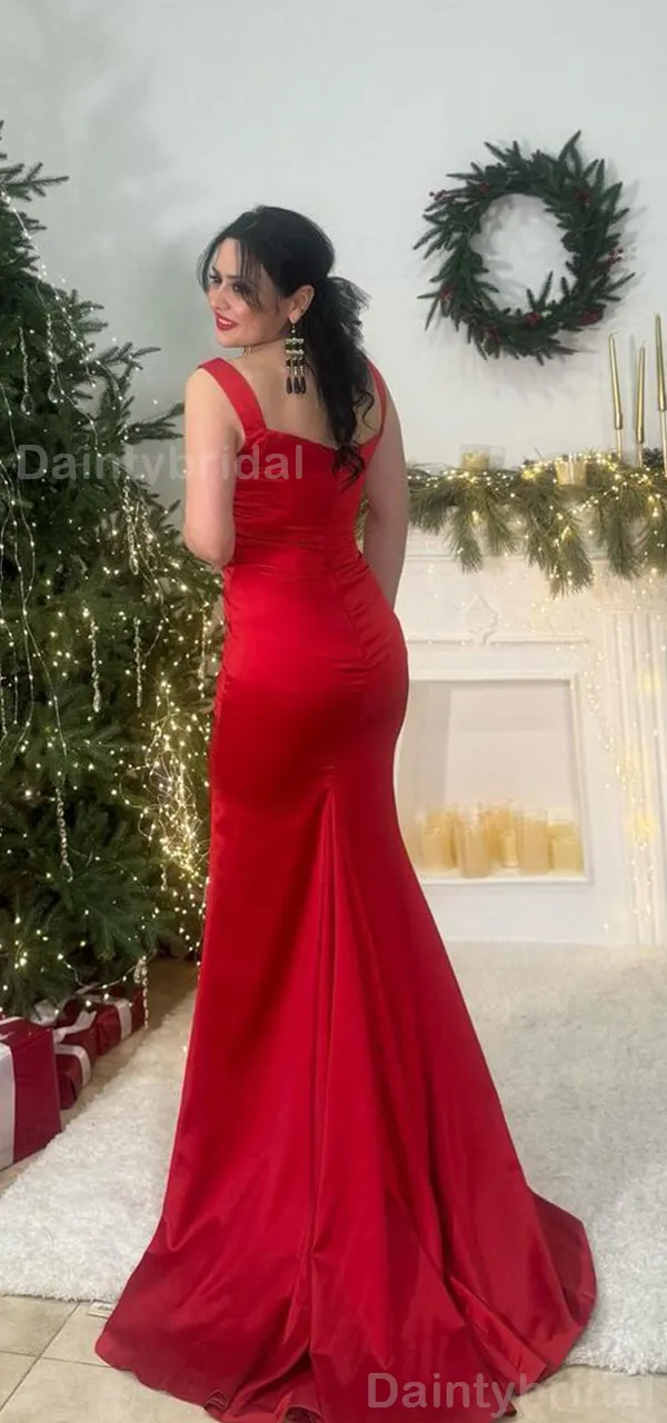 Elegant Mermaid Satin Red Side Slit Long Bridesmaid Dresses Online, BG766