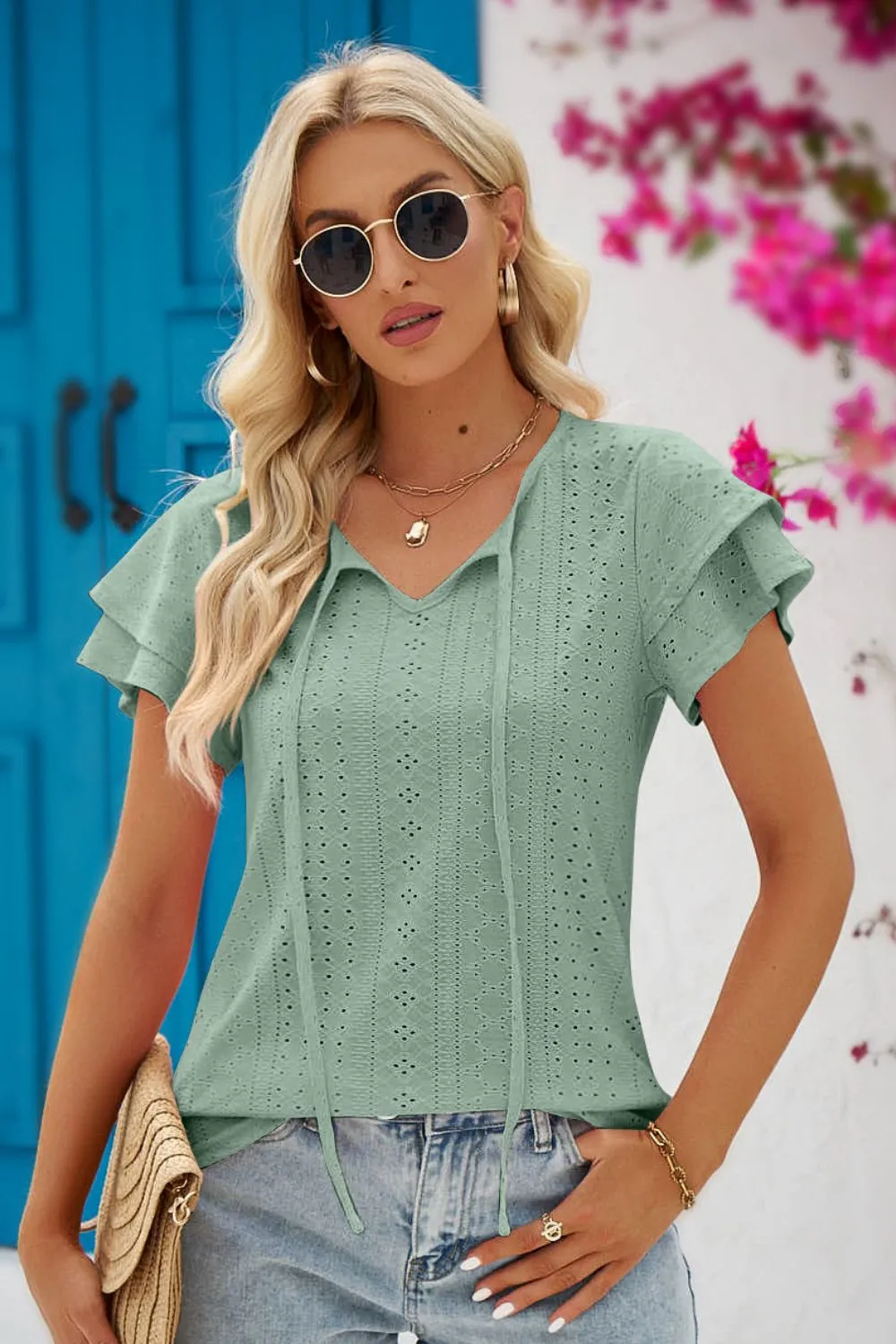 Eyes On You Eyelet Tie-Neck Blouse