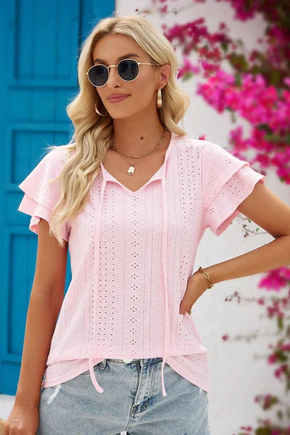 Eyes On You Eyelet Tie-Neck Blouse