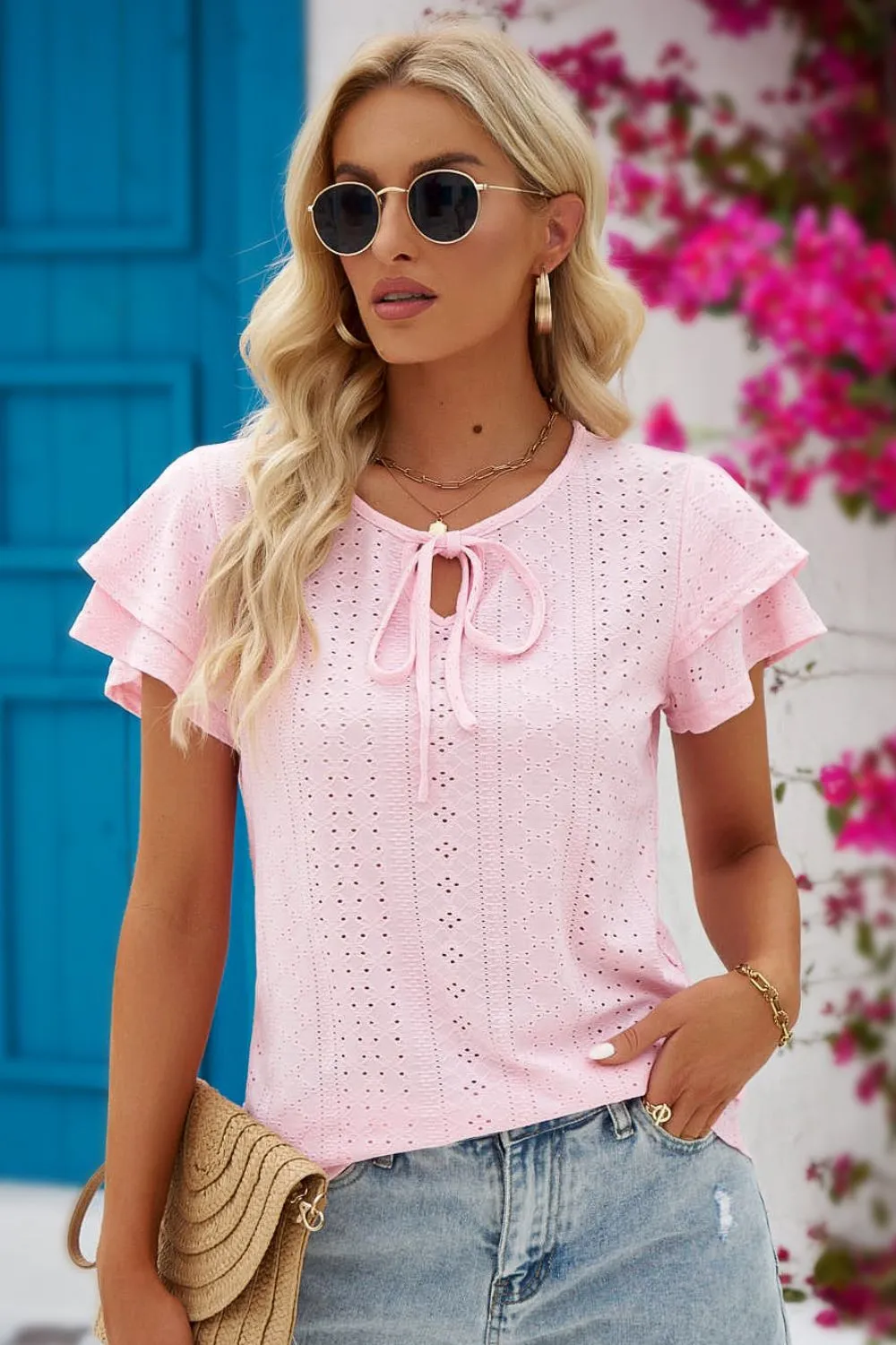 Eyes On You Eyelet Tie-Neck Blouse