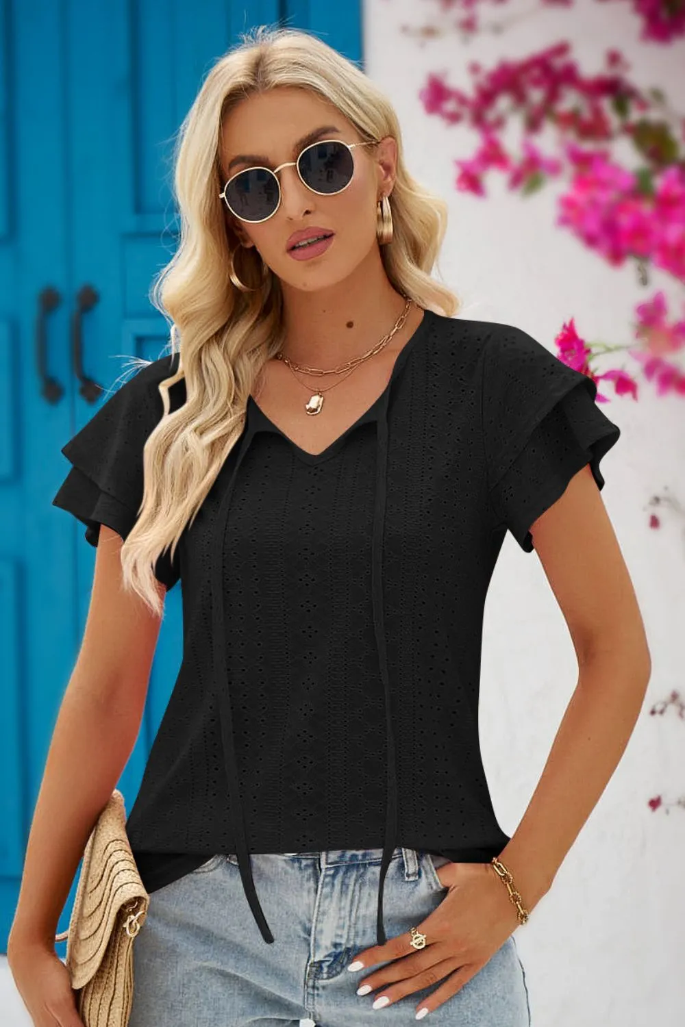 Eyes On You Eyelet Tie-Neck Blouse