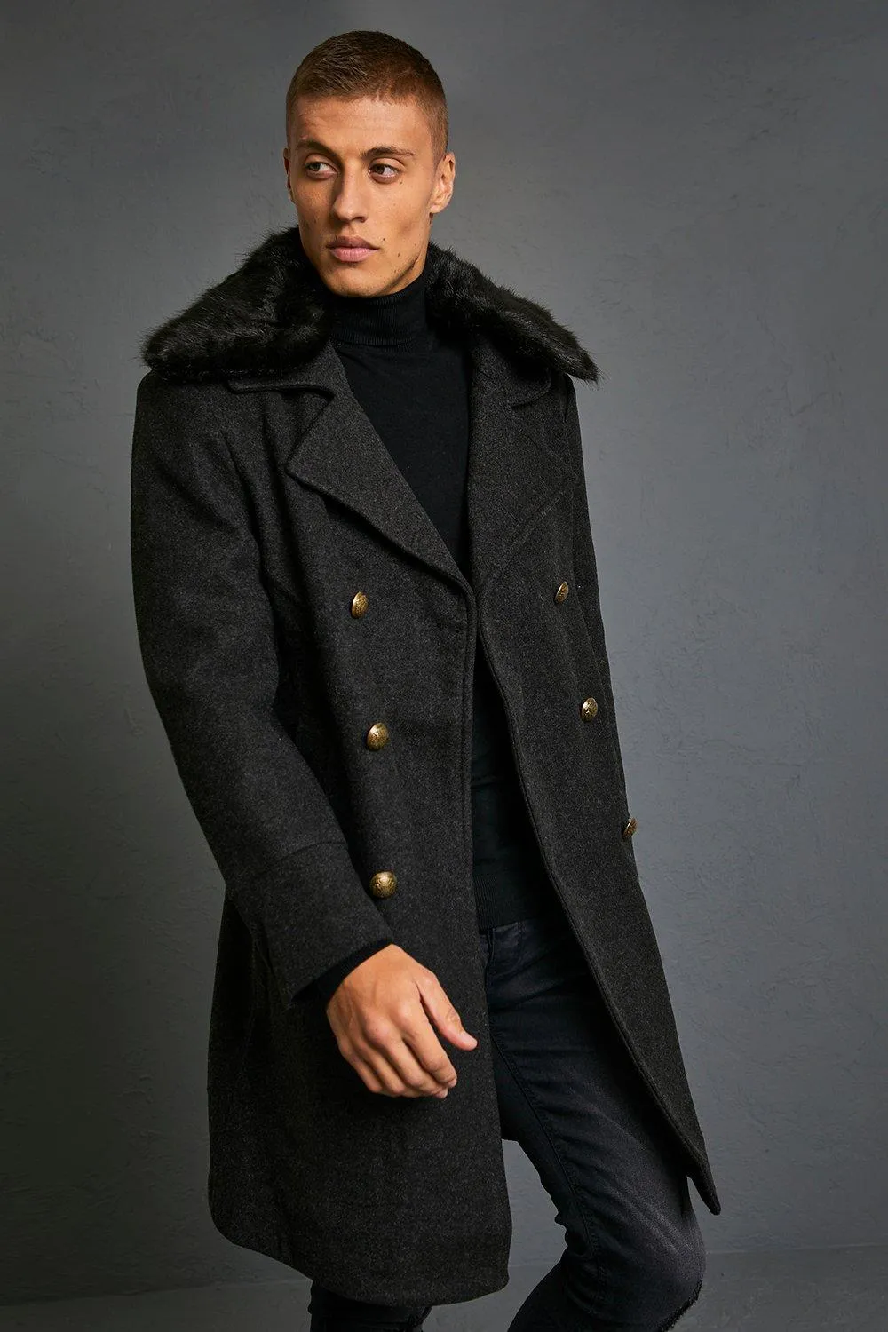 Faux Fur Collar Military Overcoat | boohooMAN UK