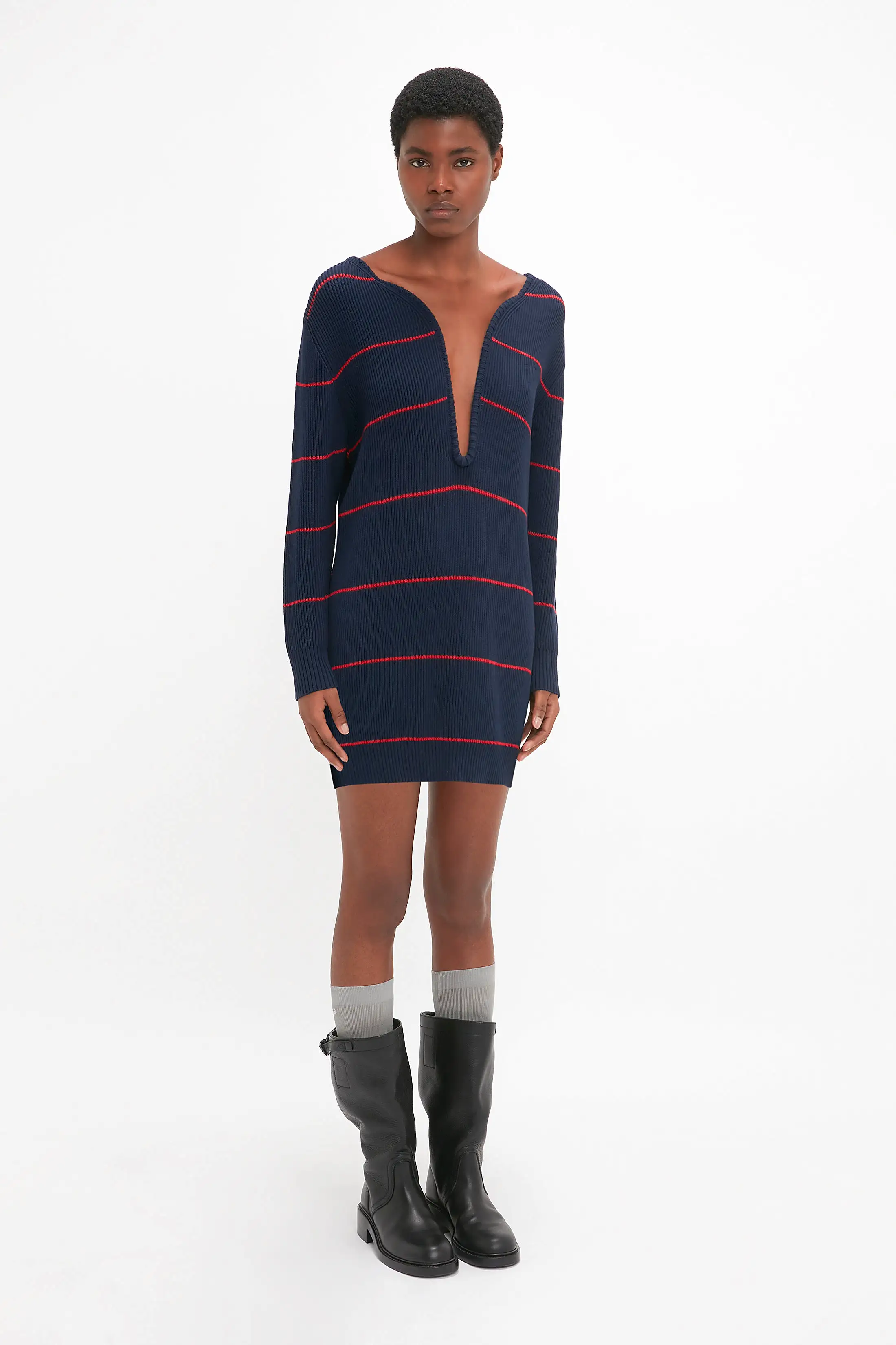 Frame Detail Jumper Dress In Navy-Red