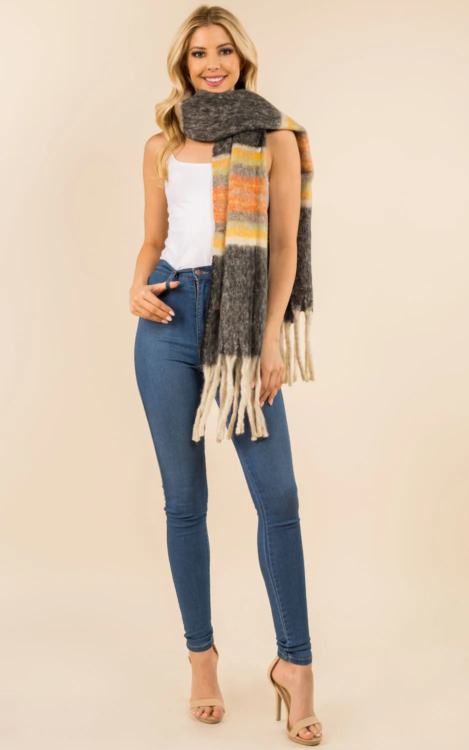 GAO3358 Colorful Oblong Grunge Scarf w/Fringes