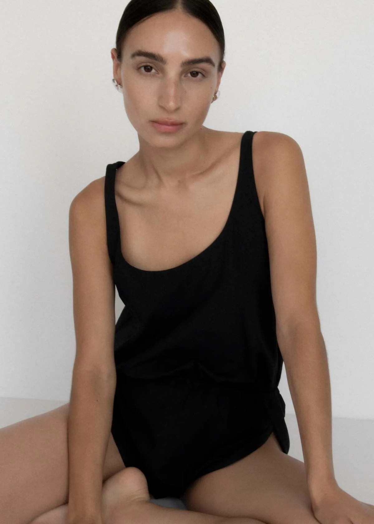 Gathered Bodysuit - Black Parchment Poplin