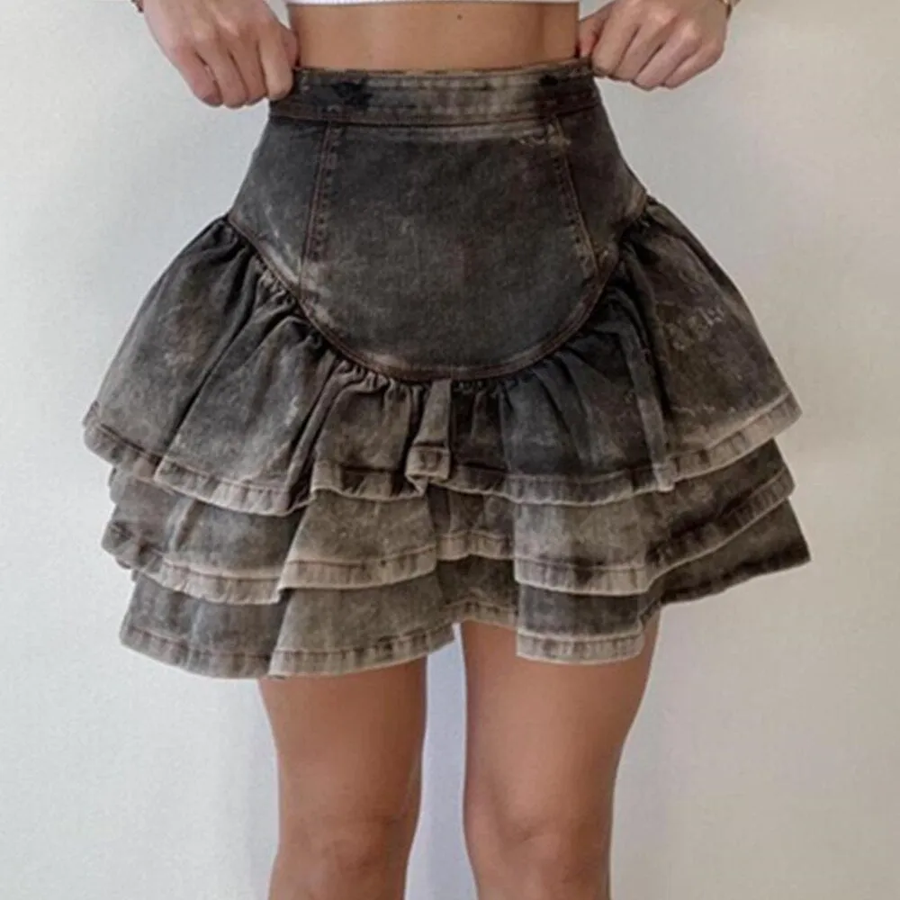 Gothic Sexy Y2K Mini Skirt Women Hippie Goth Punk Denim Skirt High Waist Irregular Ruffle Patchwork Fairycore Short Skirts