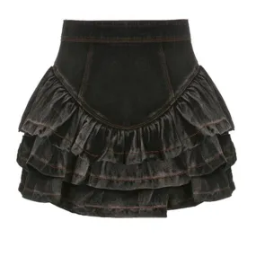 Gothic Sexy Y2K Mini Skirt Women Hippie Goth Punk Denim Skirt High Waist Irregular Ruffle Patchwork Fairycore Short Skirts