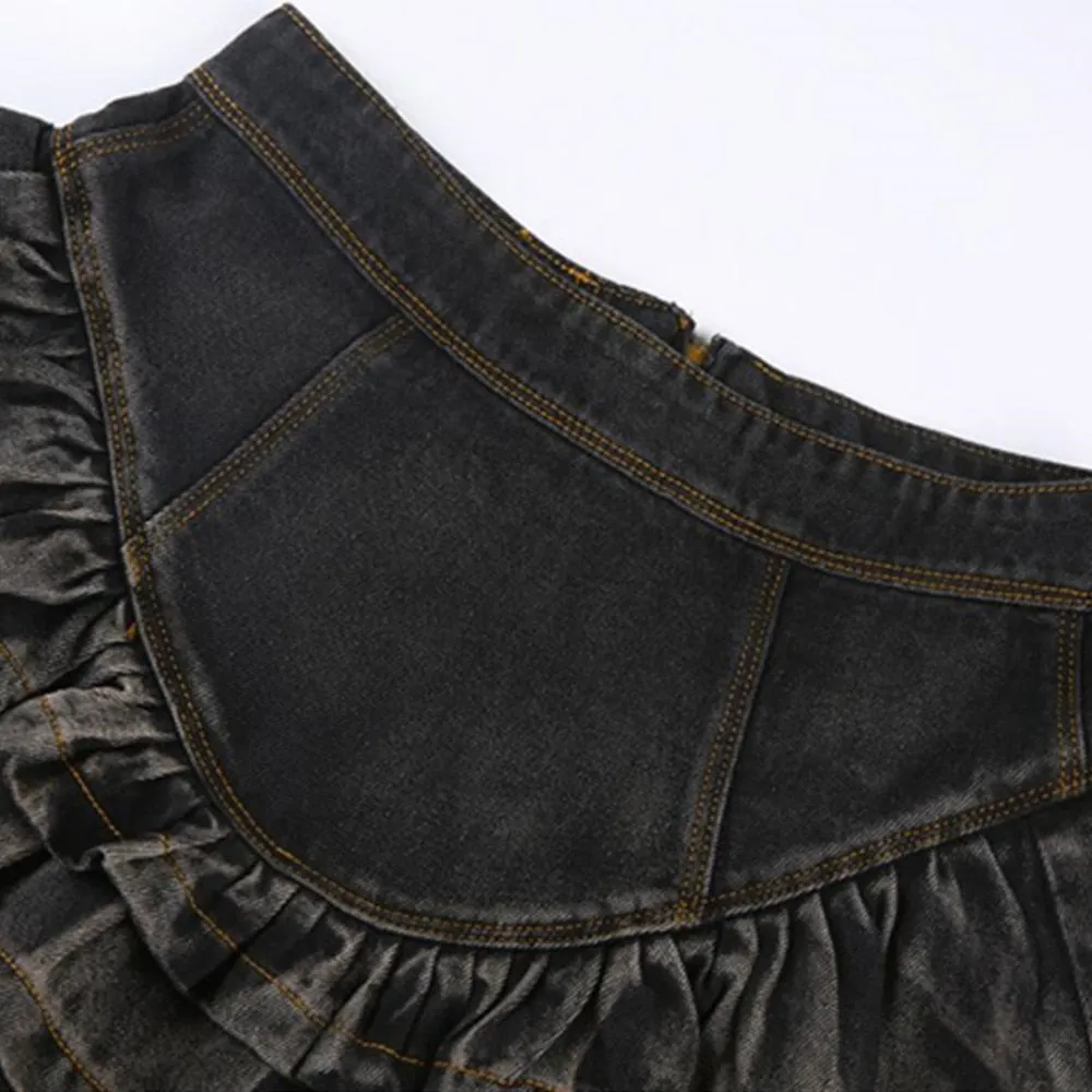 Gothic Sexy Y2K Mini Skirt Women Hippie Goth Punk Denim Skirt High Waist Irregular Ruffle Patchwork Fairycore Short Skirts