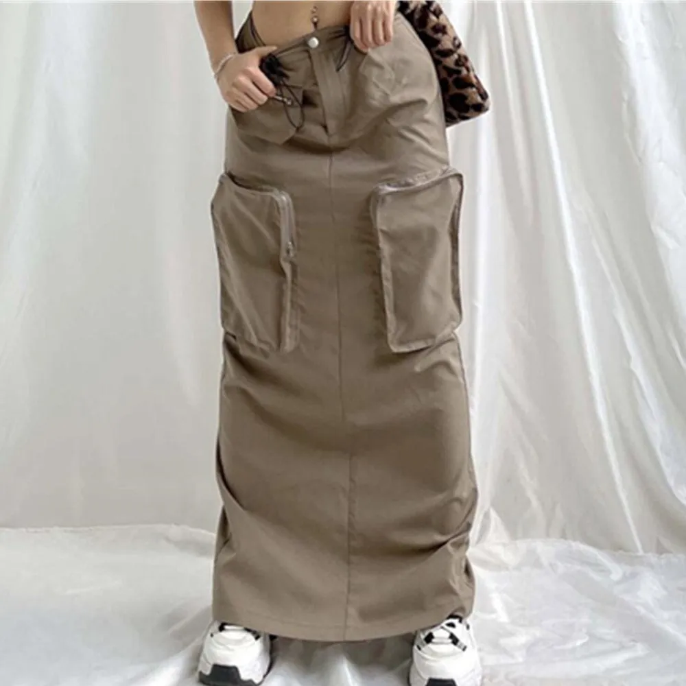 Harajuku Vintage Streetwear Cargo Skirt Retro Techwear Long Skirt Women Casual High Waist Hippie Maxi Skirts