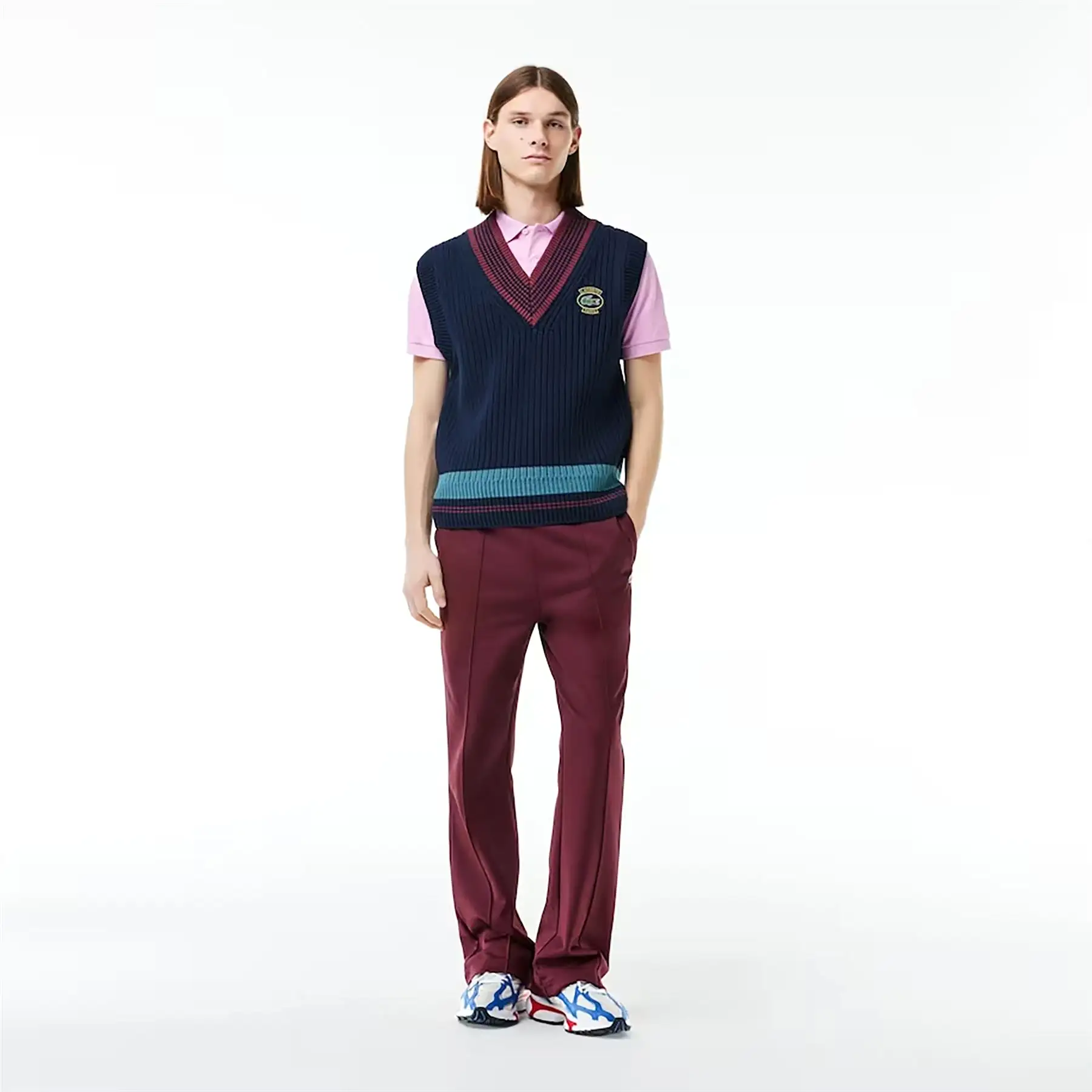 Heavy Cotton Knit Relaxed Fit V-Neck Vest Navy/Bordeaux - SS24