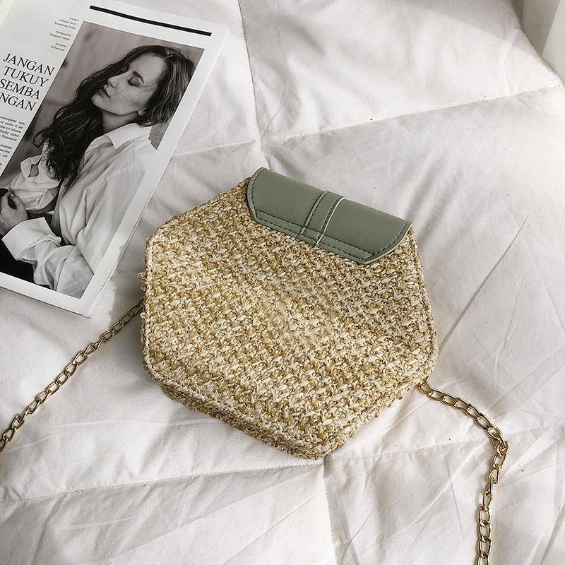 Hexagon Multi Style Straw Leather Handbag Women Summer Rattan Bag Handmade Woven