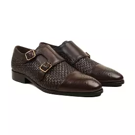 Hrastnik - Men's Dark Brown Calf and Hand Woven Leather Double Monkstrap