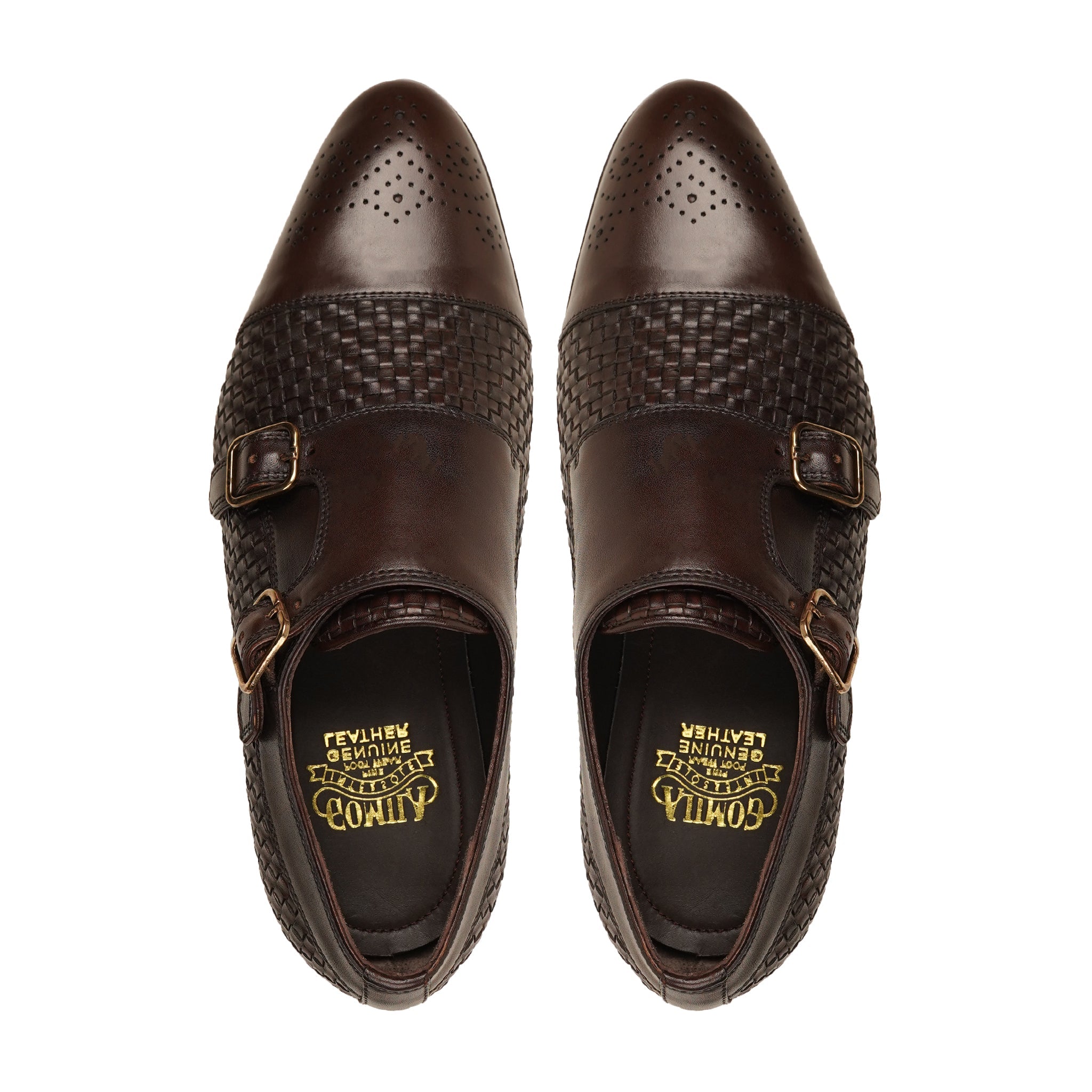 Hrastnik - Men's Dark Brown Calf and Hand Woven Leather Double Monkstrap