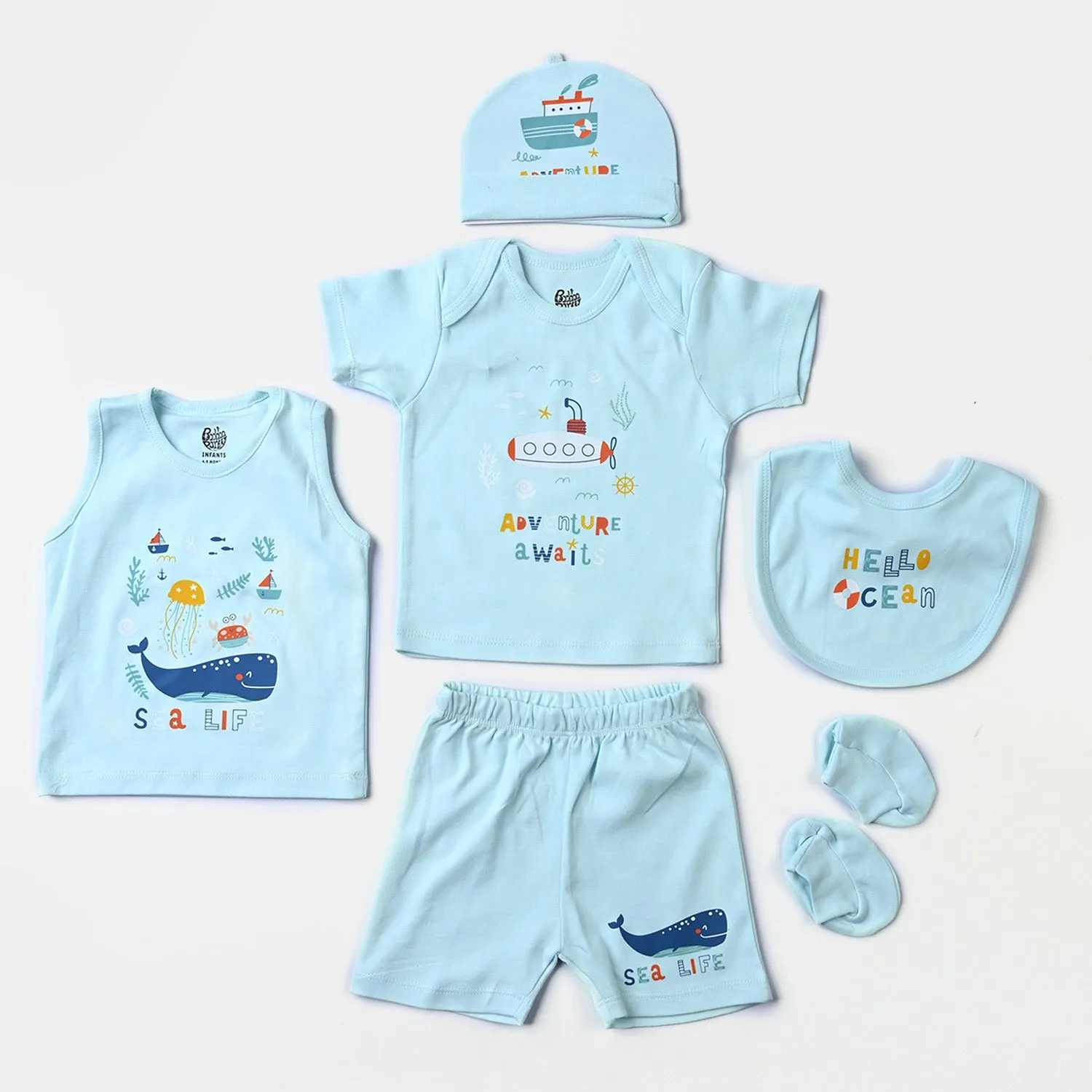 Infant Boys Cotton Poplin 6 Piece Set (T-Shirt/Sando/Short/Cap/Bib/Socks)-mIX